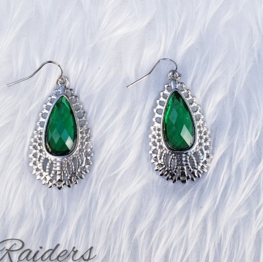 Green and silver teardrop earrings